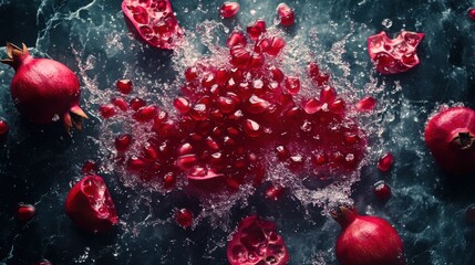Overhead Fresh Pomegranate Seeds Bursting on Marble with Jewel Textures for Juice Brand Advertising