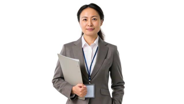 Professional woman in a business suit holding a laptop and ID badge. transparent background. - Powered by Adobe