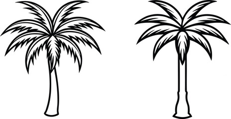Obraz premium Tropical Sunset Palm Tree Silhouette Set – Beach Landscape Vector Collection, Black Palm Tree Silhouette Icons Set – Tropical Beach Vector Collection, summer silhouette vector icon set. 