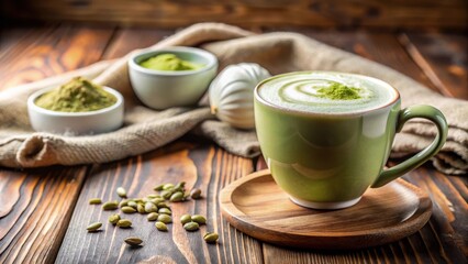 Whisked matcha latte on a minimalist wooden table, topped with a sprinkle of crushed pistachios and steamed milk foam, against a warm and cozy background , pistachio, coffee