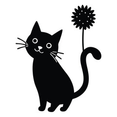 Adorable Black Cat with Flower Tail Cute Pet Illustration