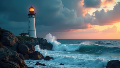 Obraz premium Lighthouse standing tall against a dramatic, stormy sea Waves crash against the rocks below , cliff, dark, powerful