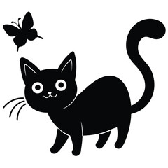 Adorable Black Cat and Butterfly Illustration