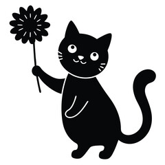 Fototapeta premium Adorable Black Cat Holding a Flower Cute Pet Illustration