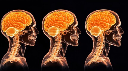 Three side-view X-ray images of human heads highlight the brain and spinal column in vivid orange tones on a black background.
