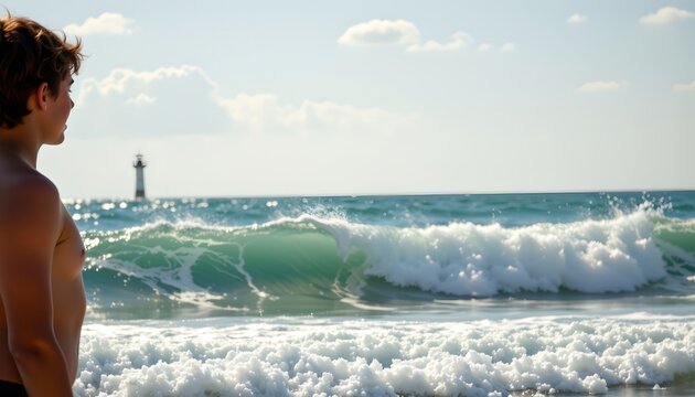 side view of a young surfer on the left, holding surfboard over head, gazing at ocean, copy space on the right.