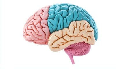 A colorful 3D illustration of the human brain highlighting different regions with distinct colors on a white background.
