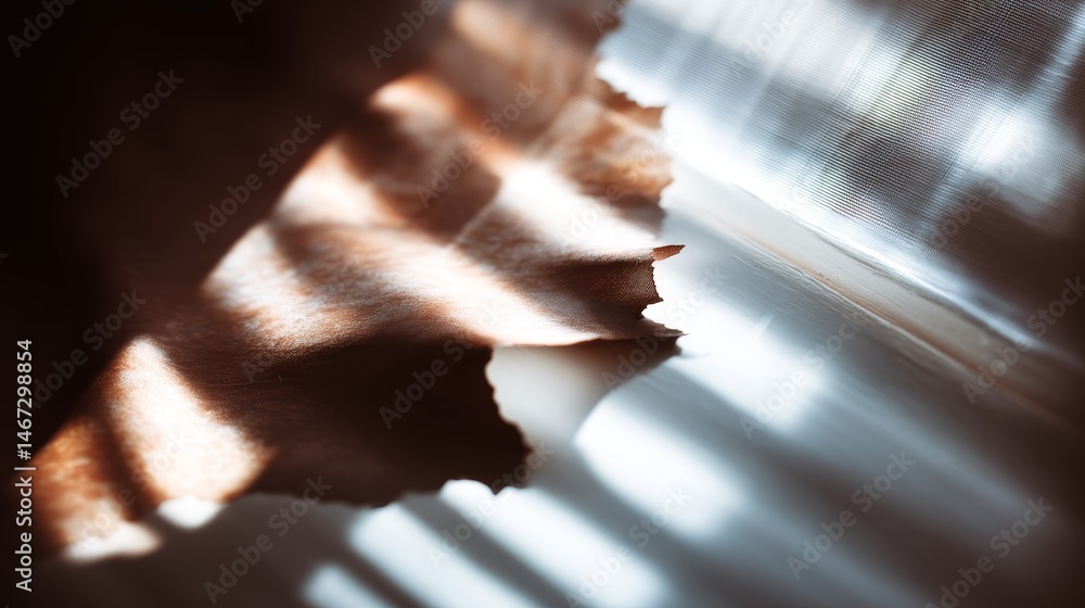 Leinwandbilder filtered sunlight passes through window blinds, casting striped light patterns over a plant leaf, cr