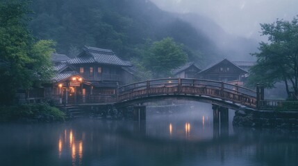 Obraz premium Ancient wooden bridge in a misty Japanese village