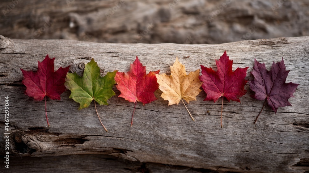Poster a row of vibrant autumn leaves showcases the transition of colors from green to red, arranged beauti