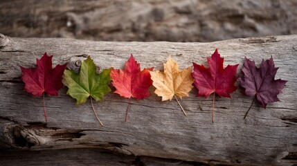 Obraz premium A row of vibrant autumn leaves showcases the transition of colors from green to red, arranged beautifully on a rustic wooden surface with space for text