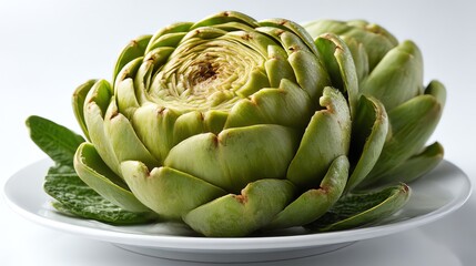 Fototapeta premium Close-up of a fresh green artichoke with tightly packed leaves. Perfect for healthy food, vegan diet, botanical themes, and organic vegetable designs.