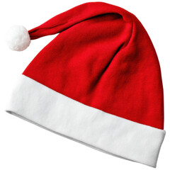 isolated transparent Background. Red Santa hat with fluffy white brim and pompom, classic festive accessory for joyful holiday celebrations and winter fun