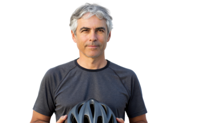 Man holding a bicycle helmet in a casual setting. transparent background.