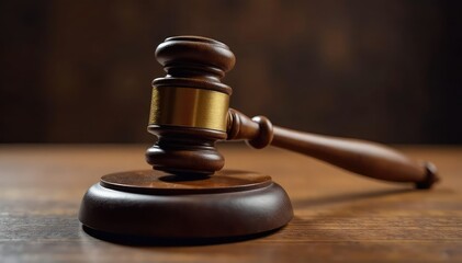 Stern judge's gavel on wooden bench, justice concept , case, legal, blindfolded