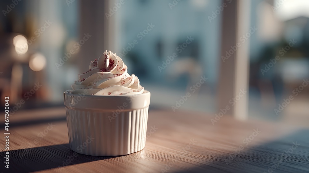 Poster fresh berry resting on a swirl of whipped cream in a small dish, softly lit by warm daylight on a wo
