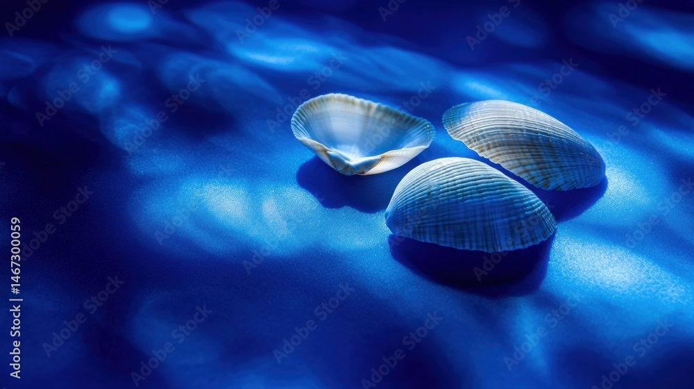 Poster three seashells on a blue underwater background with light patterns.