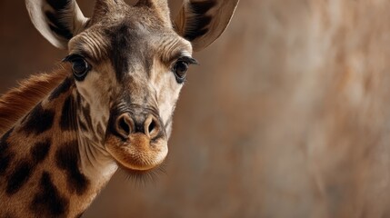 Fototapeta premium A close-up view of a giraffe's face highlights its distinct fur patterns and expressive eyes, set against a soft, neutral backdrop with space for text