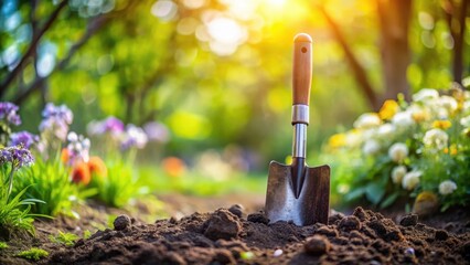 Digging soil with shovel in spring garden, gardening tools