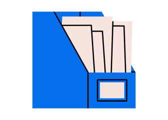 Hand drawn cute illustration of file archive with papers. Flat vector information storage doodle. Data management icon. Folder with office files. Database storage. Isolated.