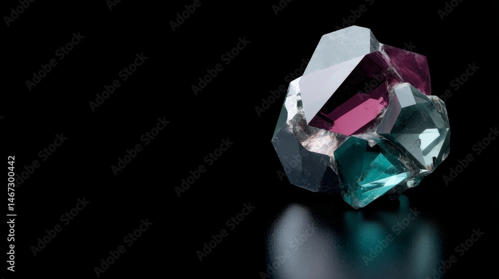 Poster Jagged crystal with iridescent colors sits on a reflective surface, illuminated from below in a dark setting, allowing for creative text placement