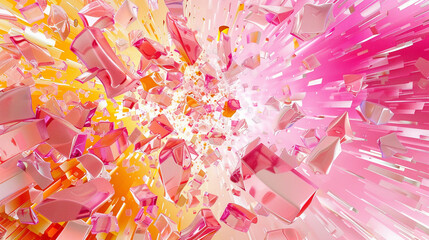 Abstract explosion of geometric shapes in shades of pink, orange, and yellow