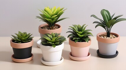 Fototapeta premium Five Artificial Succulents in Pastel Pots Home Decor Plants
