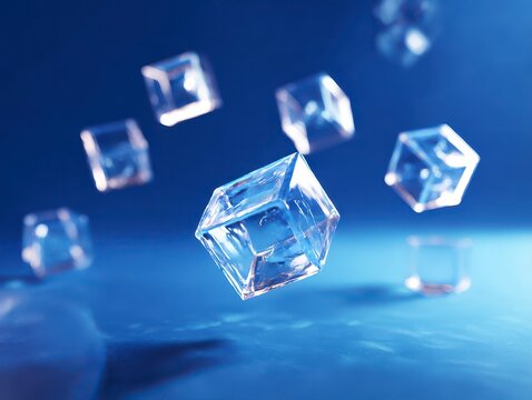 3d render, glass or plastic cubes flying in different angles on blue texture background. Clear square boxes of acrylic or plexiglass, crystal block set, realistic mockup glowing geometric objects - Powered by Adobe