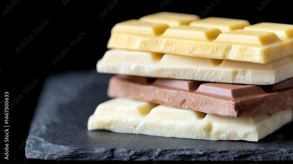 Poster Close-up view of neatly stacked chocolate bars showcasing a contrast of colors and textures on a slate tile, with a minimal background and clear copy space