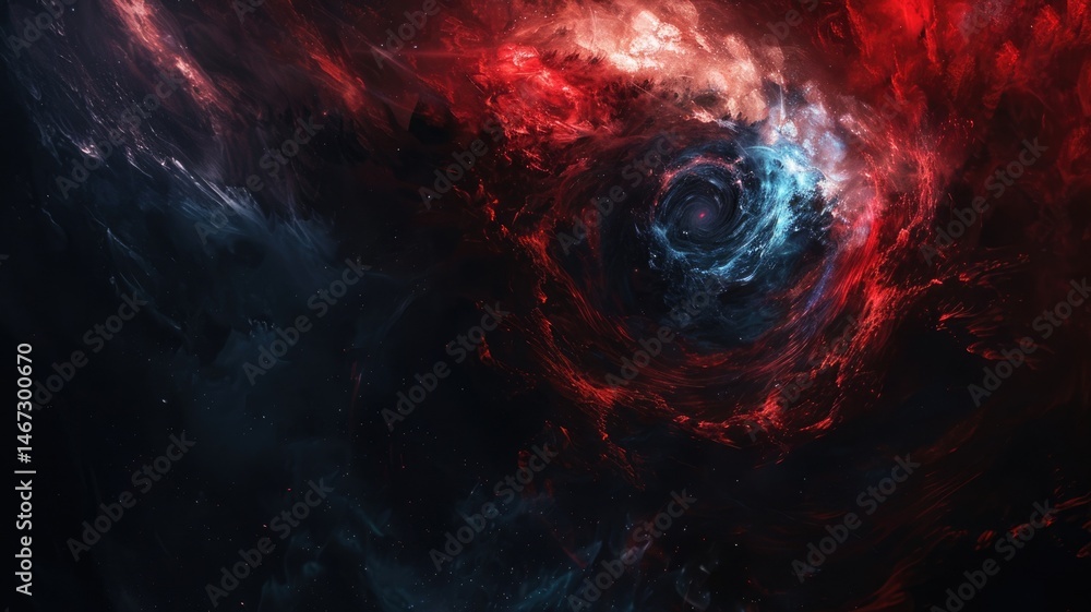 Aufkleber swirling picture of red ray and blue light sparkling particles scattered across a space background, 