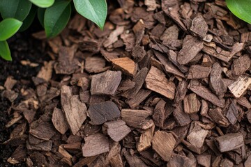A pile of wood chips is on the ground
