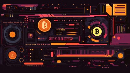 Fototapeta premium Futuristic Bitcoin mining interface with digital currency symbols and circuit board design.
