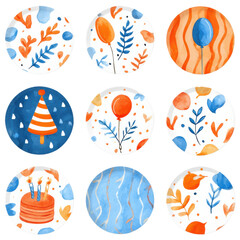 isolated transparent Background. Colorful party plates with balloons, cake, and festive patterns in orange and blue, perfect for joyful birthday celebrations