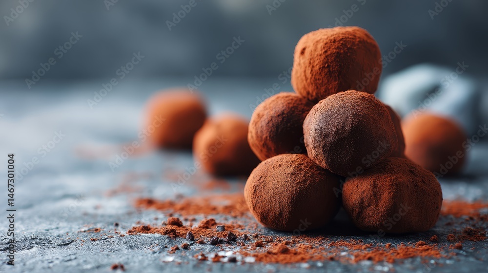 Poster Round chocolate truffles are artfully arranged in a pyramid, dusted with cocoa powder, creating an enticing display on a dark stone surface