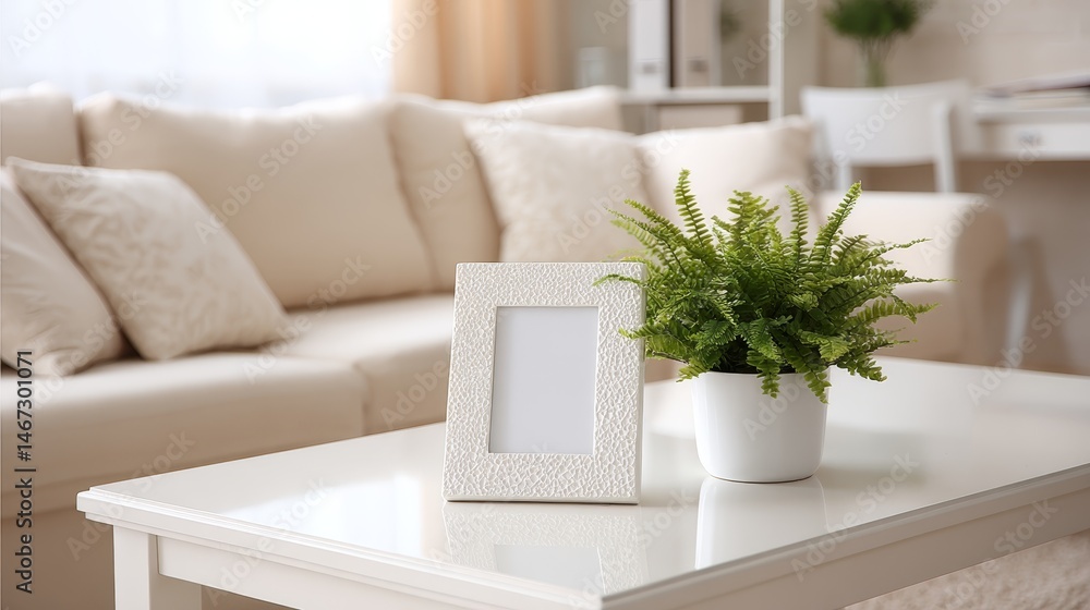 Aufkleber A polished coffee table features a rectangular frame mockup and a vibrant potted fern beside it, creating a serene and stylish interior atmosphere