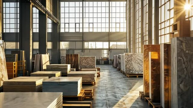 Sunlit Warehouse: Marble Slabs and Stone Storage