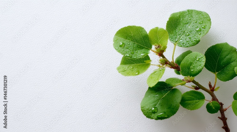 Poster botanical sprig showcases multiple green leaves with raindrops on a clean white surface, creating a 