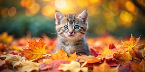Adorable Kitten Amidst Fall Foliage, cozy atmosphere, feline friend,  cozy atmosphere