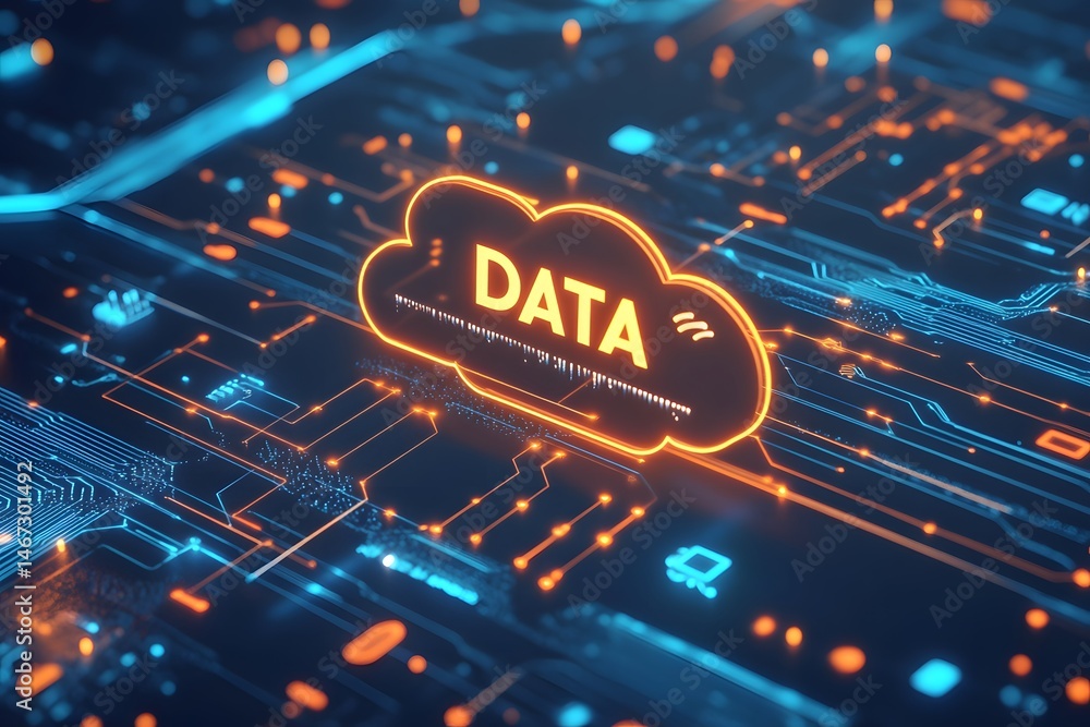 Poster cloud data storage concept depicted on circuit board illustrating data processing and security