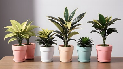 Fototapeta premium Five potted plants in pastel pots on wooden table Home decor and gardening