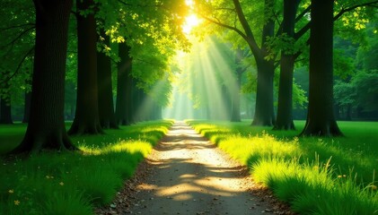 Sunlight dappled path through lush green forest park, trees canopy overhead , woods, peaceful, green