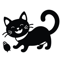 Adorable Black Cat Playing with Bird Cute Kitten Illustration