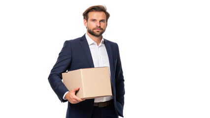Man in a suit holding a cardboard box. transparent background.