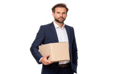 Man in a suit holding a cardboard box. transparent background.