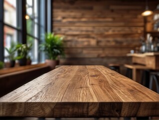 wooden board empty table set against a blurred coffee shop background