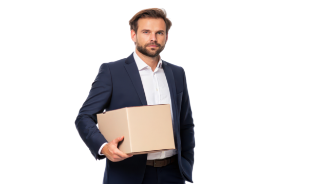Man in a suit holding a cardboard box. transparent background.
