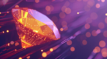 Close-up view of a faceted gemstone with an orange hue and glowing particles