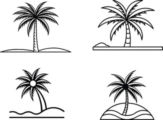 Tropical Sunset Palm Tree Silhouette Set – Beach Landscape Vector Collection, Black Palm Tree Silhouette Icons Set – Tropical Beach Vector Collection, summer silhouette vector icon set. 
