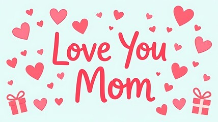Whimsical 'Love You Mom' Cursive Typography Card with Cartoon Hearts and Gifts Cute Kid Themed Mother's Day Greeting Design