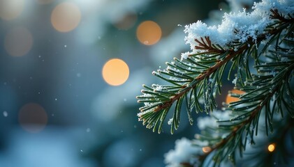 Sparkling silver tinsel draped over a frosted pine branch ,  festive season, frosted